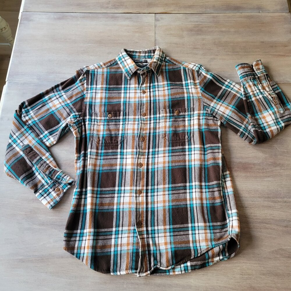 Old Navy Vintage Flannel Shirt Men’s Blue Brown Plaid Button Up Cotton Small